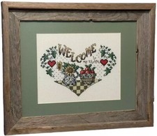 CROSS STITCH KITCHEN WELCOME FRAMED MATTED VTG BARN WOOD NEEDLEWORK NON-GLARE