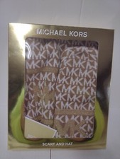  98 Women's OSFM Michael Kors Scarf  Hat Set Reversible Dark Camel White Gold