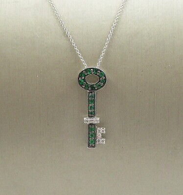 Effy 0.48CTW Emerald 0.08CTW Diamond Key Pendant 14K White Gold 16'' with Tag