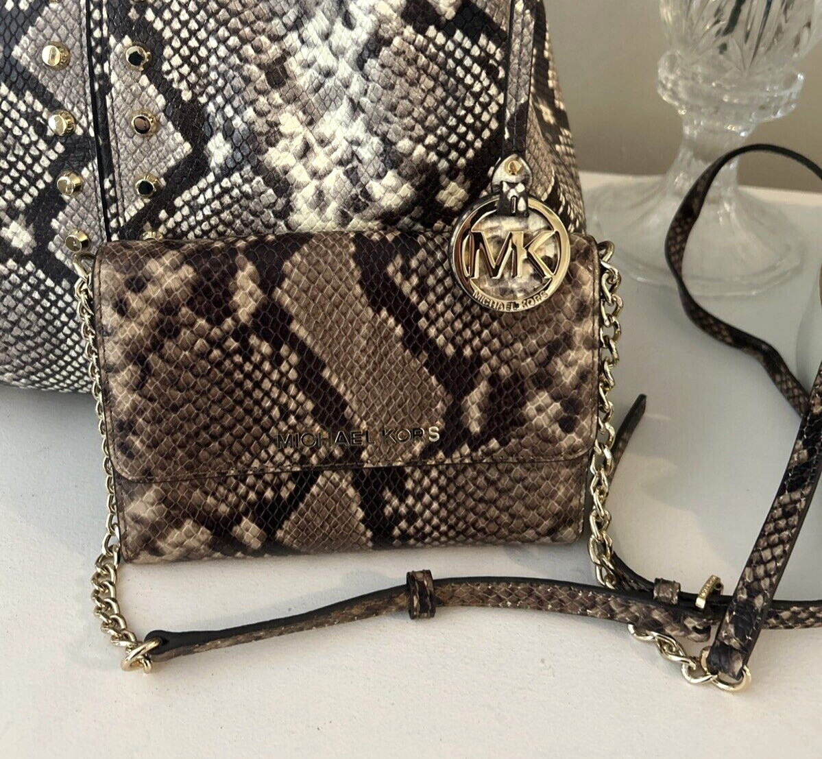 Michael Kors Brown Leather Python Snake Shoulder … - image 4