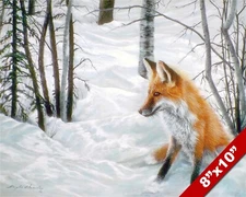 YOUNG WILD FOX IN WINTER SNOW ANIMAL PAINTING WILDERNESS ART REAL CANVAS PRINT