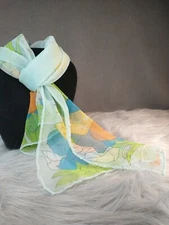 Vintage 70s MCM Vera Newman Chiffon Scarf Floral Butterfly Blue Orange Green