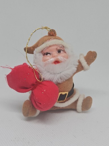 Vintage Christmas Ornament Santa Claus Flocked Brown Figure RARE COLOR 1960s