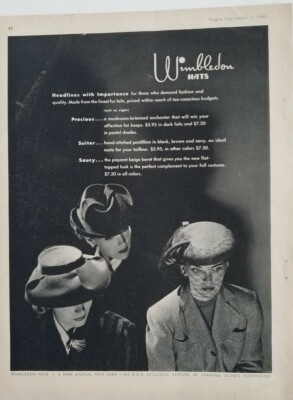 1943 Wimbledon women's hat headlines with importance vintage fashion ad