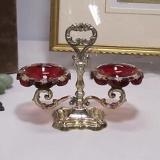 Bohemian Silver Enameled Cranberry Glass Double Salt Dip Cellar   7" Wide