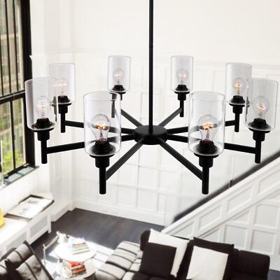 27.5'' Cylinder Glass Chandelier Industrial 8-Light Pendant Lamp Ceiling Fixtures