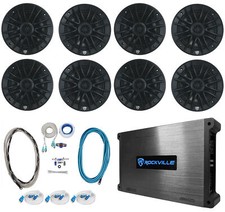 8 Rockville RM-PREMIUM-65 BLACK 6.5" 600w Marine Boat Speakers 8-Channel Amp
