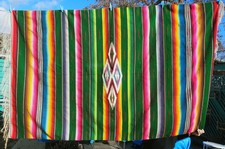 Vintage 1940s Mexican Wool Saltillo Serape Blanket Knotted Fringe 105"L x 56.5"W