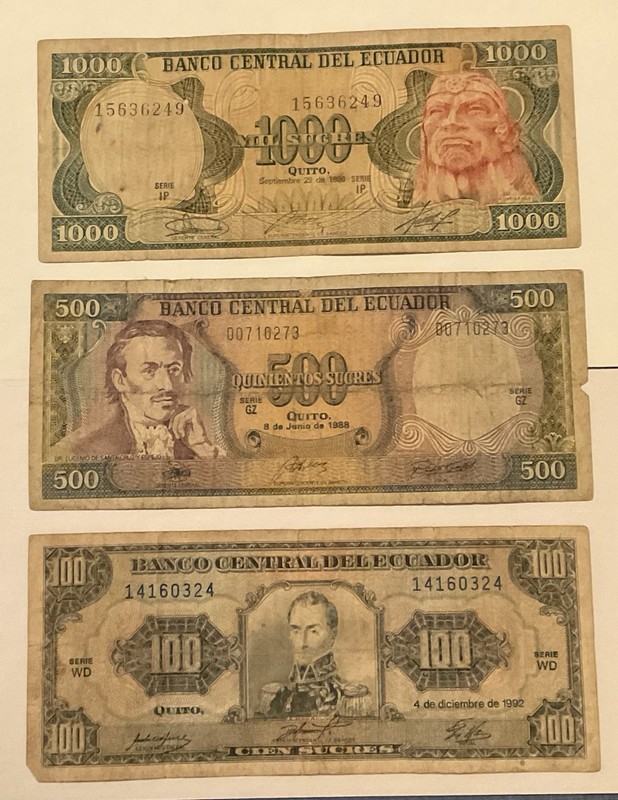 Ecuador 100,500,1000 Sucres Banknotes World Paper Money Currency,3 Bills