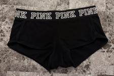 VICTORIA'S SECRET PINK S BLACK THICK WAISTBAND RARE CURVED HEM BOYSHORT PANTIES
