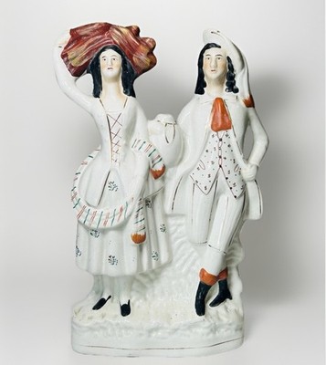 Antike Staffordshire Flatback Mantelfigur Weizenernte Paar aus dem 19. Jahrhundert