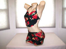 New Stripper Exotic Dancer Drape Top  Skirt Set Black Floral S/M Stripperwear