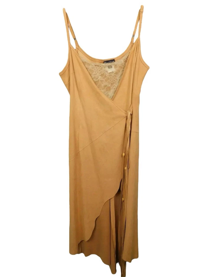 Vestido envolvente Bebe vintage para mujer XS bronceado imitación gamuza vaquera costera flecos boho Foto 2 de 4