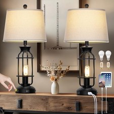 28" Vintage Table Lamps with USB C A Ports  AC Outlet, Industrial Black