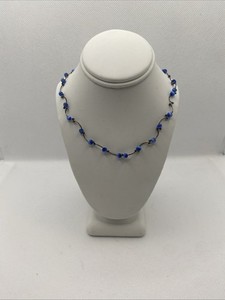 Silver Tone Vine Link Bar And Ball Necklace With Blue Beads