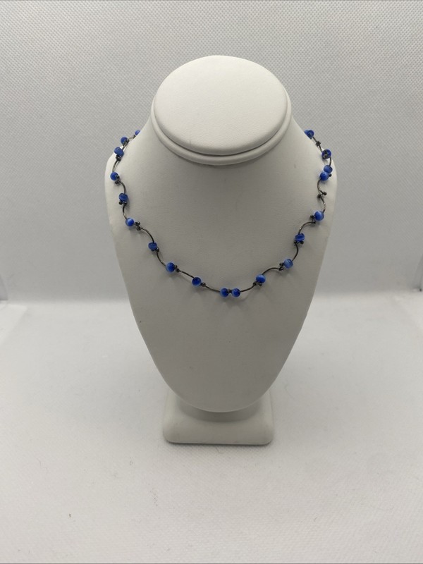 Silver Tone Vine Link Bar And Ball Necklace With Blue Beads
