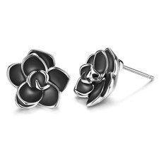 18K Gold Plated Black Rose Flower Stud Earrings for Women W 
