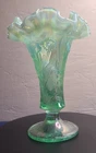7" Fenton Art Glass Green Opalescent Iridescent Daffodil Footed Trumpet Vase