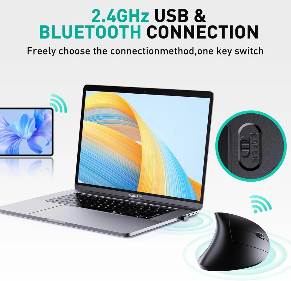 Bluetooth and 2.4G (2-In-1) Rechargeable Wireless Mouse, Ergonomic Vertical Desi - Image 2 of 4