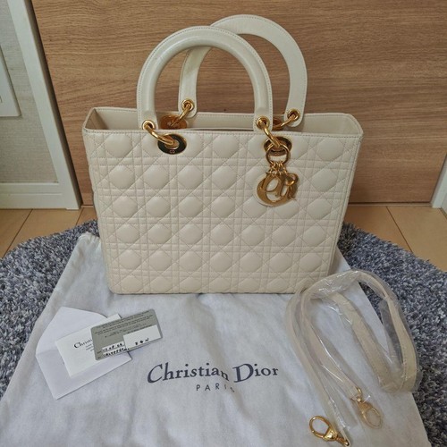 Christian Dior Lady Dior Medium Bag Cannage Lambskin White GHW 2WAY CAL44560
