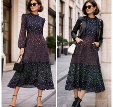 Rixo Billie Polka Dot Tiered Maxi Dress High Neck Long Sleeve Size Small