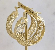 Intricate Floral Design On Elegant Gold Tone Hoop Earrings, Eye-Catching