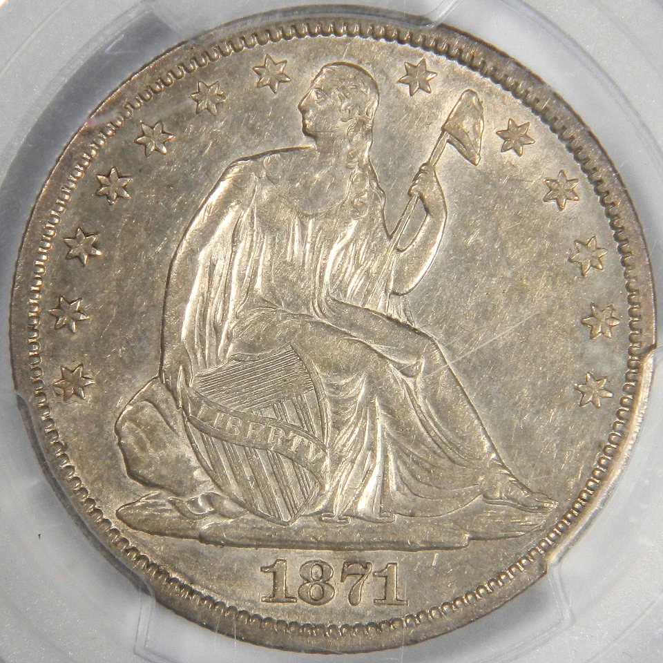 Medio dólar SEATED LIBERTY 1871-S ~ ¡BONITO PCGS ORIGINAL AU53! Foto 2 de 4