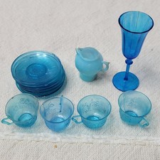 VTG Miniature Toy Dishes Hong Kong Tea Set Blue Plastic Dollhouse Set 12 Pcs
