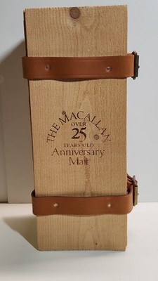 Macallan 25 Yr  Anniversary Malt Scotch Whiskey Wooden Box Leather Strap Empty