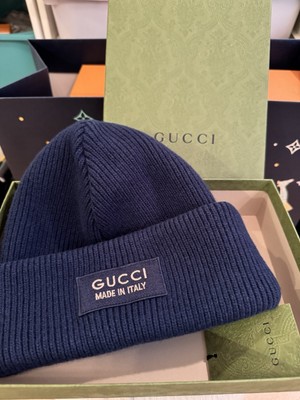 New Authentic Gucci Knit Wool Hat Beanie With Patch Navy Blue Size M Medium