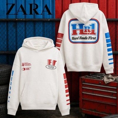 Seltener ZARA HR1 Hoodie Off White Hard Roads First Motorsport Grafik Herren Large