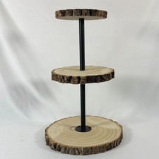 Three-tiered natural wood dessert stand w/Black Pole, Height 19 1/2.