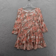 LOGO Lori Goldstein Tunic Top L Pink Brown Floral Print Women Rayon Blend Hi Low