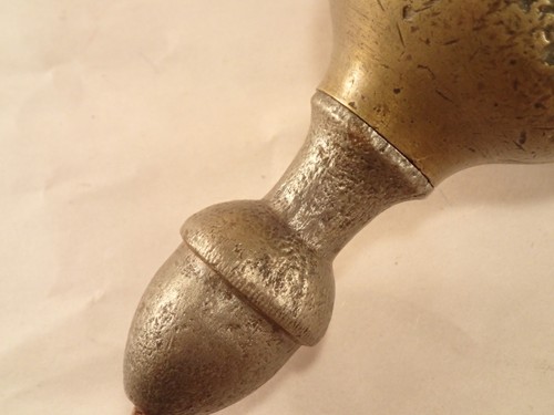 Early Unusual Ornate Iron & Brass Plumb Bob Sphere w/ Nicks & Corrosion, 5.5" L - Picture 9 of 9