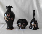 (3) pc Fenton Black Glass Bell, Rose Bowl & Vase Artist Signed by JK Spindler