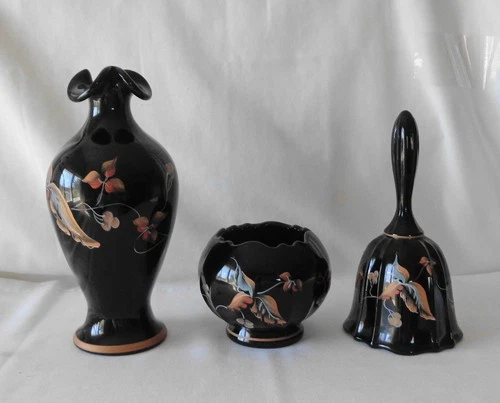 (3) pc Fenton Black Glass Bell, Rose Bowl & Vase Artist Signed by JK Spindler