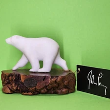 Beautiful Polar Bear Statue by John Perry on Burlwood Slab - NWT 4" x 6"