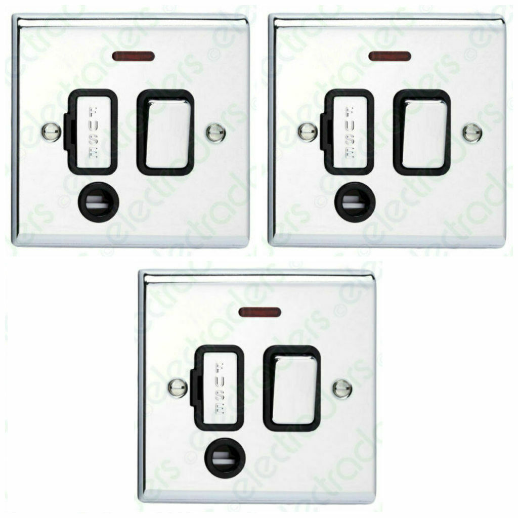 3 x Deta SD1373CHB Switched Spur Units Neon Flex Outlet 13A Polished ChromeBlack