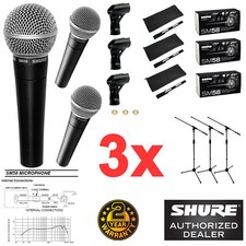 3x Shure SM58 Cardioid Vocal Mic w/ XLR Cable and a Microphone Boom Stand.