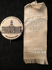 1930 DES MOINES IOWA STATE ASSOCIATION COUNTY CLERKS RIBBON & BUTTON - J378