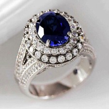 Oval Cut Sapphire  White CZ Halo Wedding Anniversary Ring I0K White Gold Over