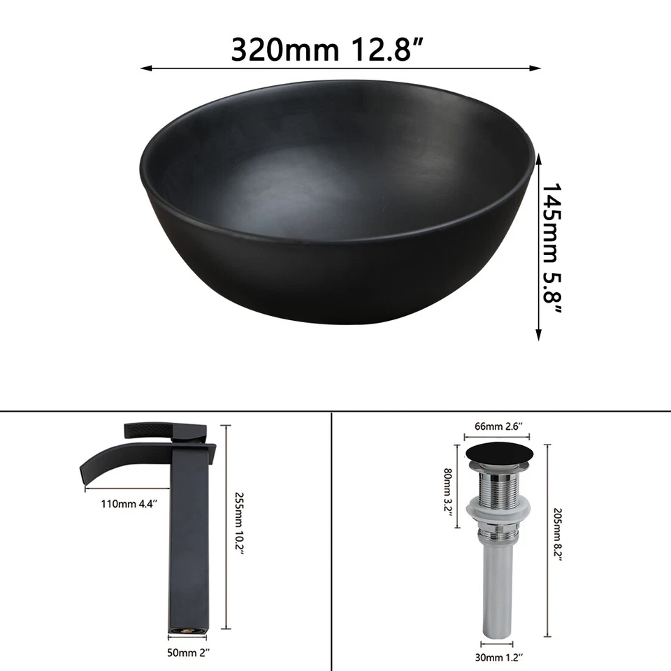 Round Bathroom Vessel Sink Black Washing Basin Mixer Waterfall Faucet Set Drain - Image 2 of 4