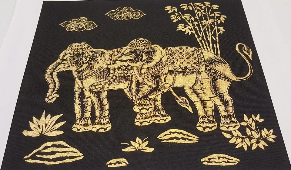 2 Gold Elephant Thai Art Silk Painting Posters Print Wall Home Decor Handmade - Image 4 of 4