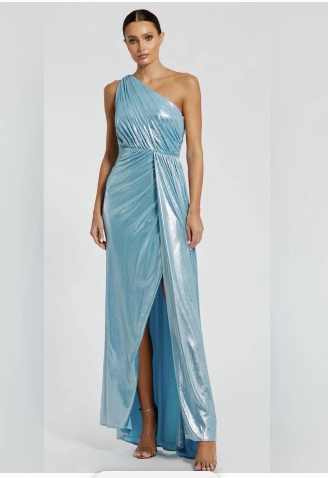 Mac Duggal Size 14 26537 Metallic One-Shoulder Maxi Gown Dress Prom BLUE NEW