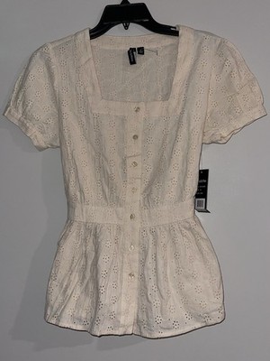 NWT Essentials By Milano M Cream Ivory peplum Bow Tie Button Top Blouse Eyelet