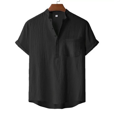 Men's Cotton Linen Henley T-Shirt Summer Beach Casual Breathable Top Tee Gift