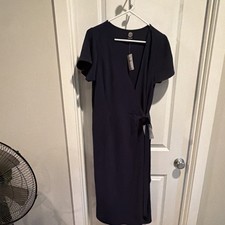 Bobeau Navy Blue Jersey Wrap Midi Dress Short Sleeve Tie Accent