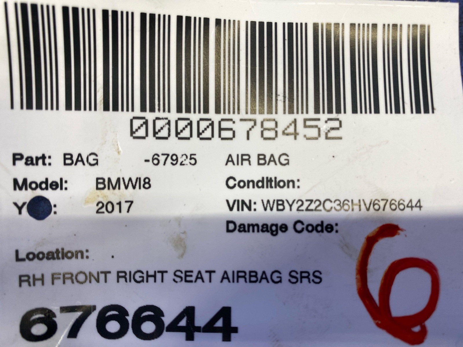 2014 2015 2016 2017 2018 2019 2020 BMW I8 FRONT RIGHT SEAT AIRBAG SRS ASSEMBLY