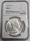 1922 D Denver Mint Peace Silver Dollar NGC MS 63
