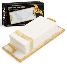 Guest Towel Holder Tray for Bathroom - Premium Marble Tray with Gold Rim - Ba...